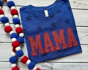 Patriotic Glitter Stars MAMA Embroidered Crewneck Short Sleeve Tee Shirt T Shirt Oversized 4th Fourth of July Idependence Day