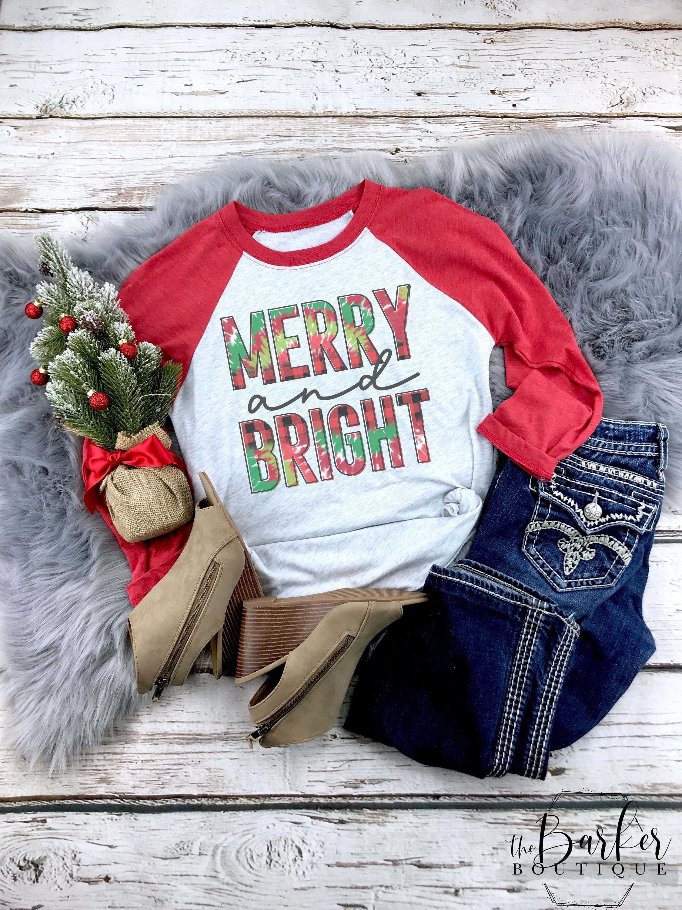 Women's Merry & Bright Christmas T-Shirt - Rainbow Leopard Plaid Tree Design, Long Sleeve Raglan