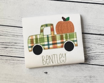 Pumpkin Truck Applique Shirt: Personalized Fall Embroidered Boy's Tee