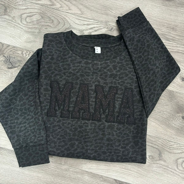 Black Monochromatic Glitter Leopard MAMA Embroidered Crewneck SWEATSHIRT Shirt T Shirt Oversized Mother's Day Aesthetic Tone on Tone