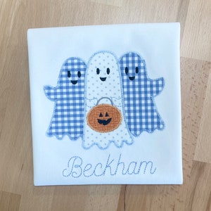 Boy&#39;s Spooky Ghost Trio Blue Gingham Shirts Halloween coordinating pumpkin monogrammed shirt fall embroidered shirt applique boutique