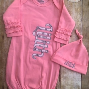 Coral Gray Baby Gown Personalized Baby Shower Gift Red Black Hat Coming Home Outfit Hospital Outfit Baby