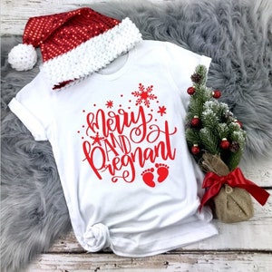 Merry and Pregnant pregnancy announcement christmas Tee winter Shirt Christmas Shirt