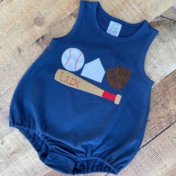 Boy’s Baseball Unisex Bubble Romper Bodysuit Applique Little Brother T Ball Baseball Season Monogram Monogrammed Personalized