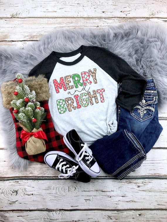 Merry and Bright Mom Leopard Trendy Cute Raglan Christmas Shirt