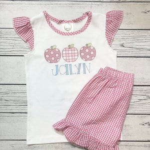 Back to School Gingham Applique Embroidered Shirt Embroidery Outfit Monogrammed Monogram Personalized Aqua Pink Apple Ruffle Shorts Tee Shir