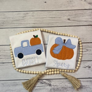 Pumpkin Patch sibling Set Shirts Pumpkin Truck coordinating pumpkin heart  monogrammed shirt fall boy&#39;s embroidered shirt applique boutique