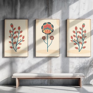 Set of 3 Prints | Scandinavian Floral Folk Art | Printable Wall Art | Eclectic Wall Decor | Living Room Decor | Gallery Wall Set