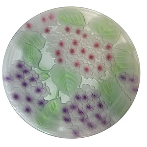 KIG Indonesia Glass Hydrangea Serving Plate/Platter 13” Pink Purple Green VTG