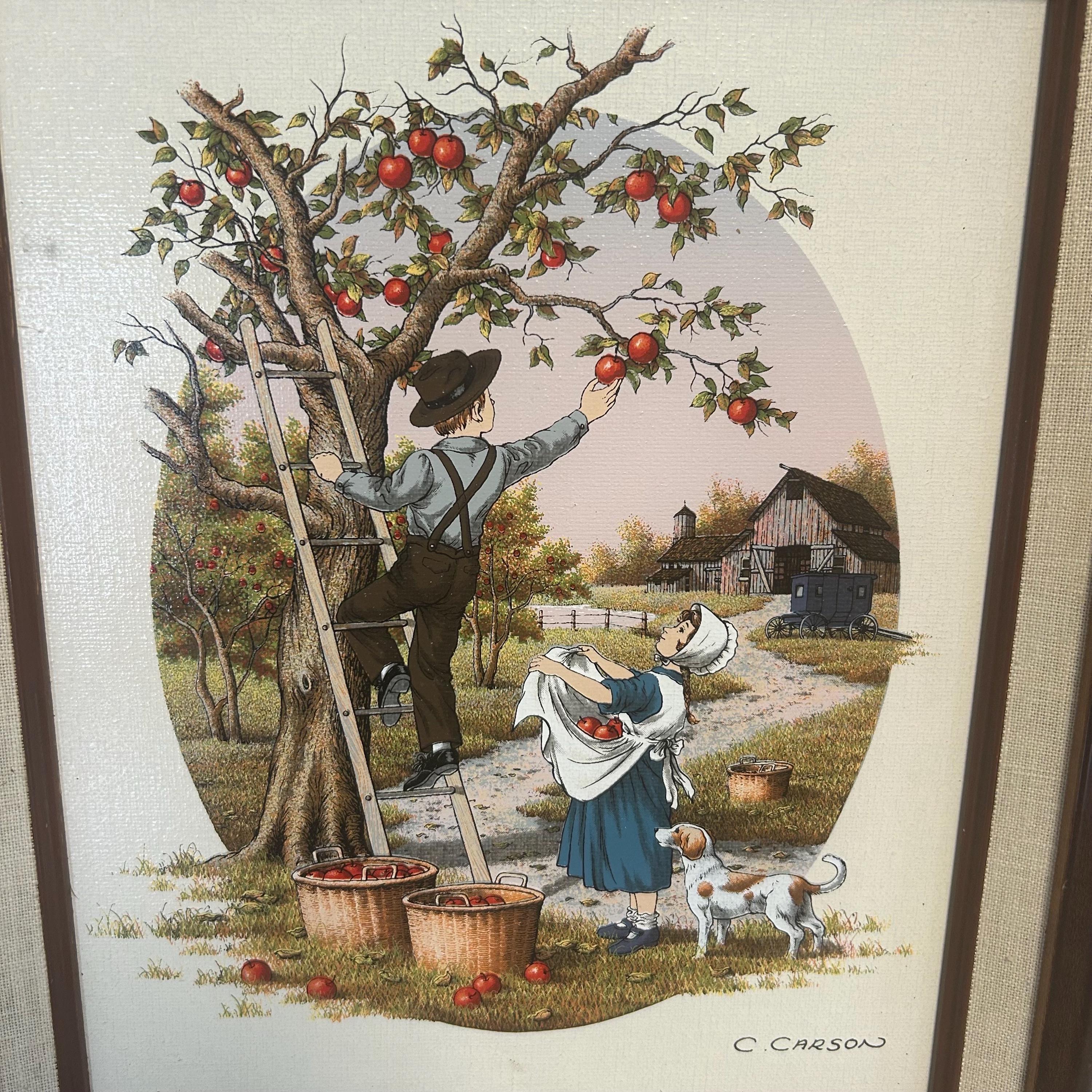 C. Carson Amish Farm Boy & Girl Picking Apples Dog Framed 14x12 