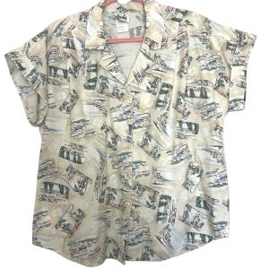 Gobelin Top Vintage Tripical Print Postkarten Größe L USA Button-Down-Kurzarm