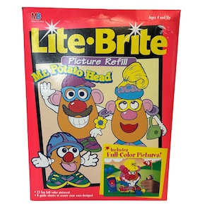 May include: A red Lite-Brite Picture Refill box featuring Mr. Potato Head characters. The box includes the text "Lite-Brite" in yellow, and "Mr. Potato Head" in green. The box also states "Ages 4 and Up" and "Includes Full-Color Pictures!"