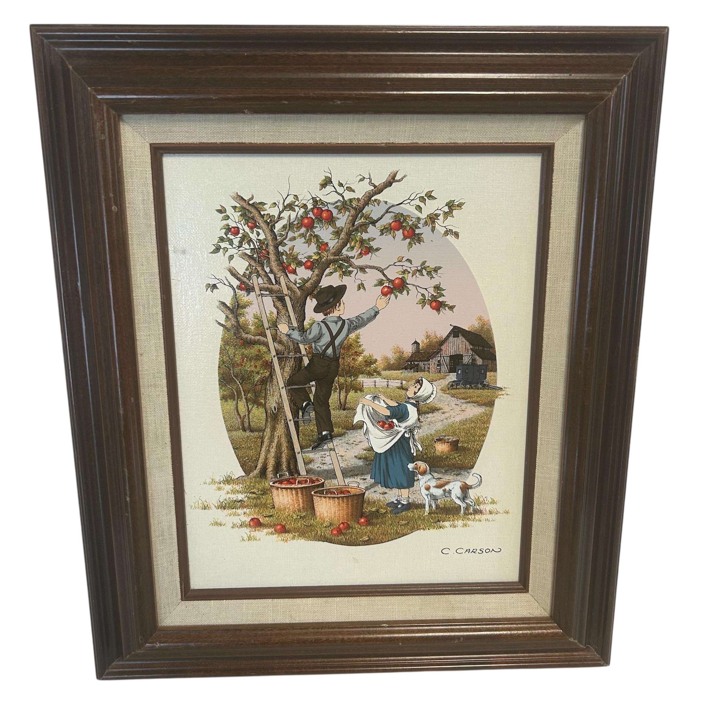 C. Carson Amish Farm Boy & Girl Picking Apples Dog Framed 14x12 