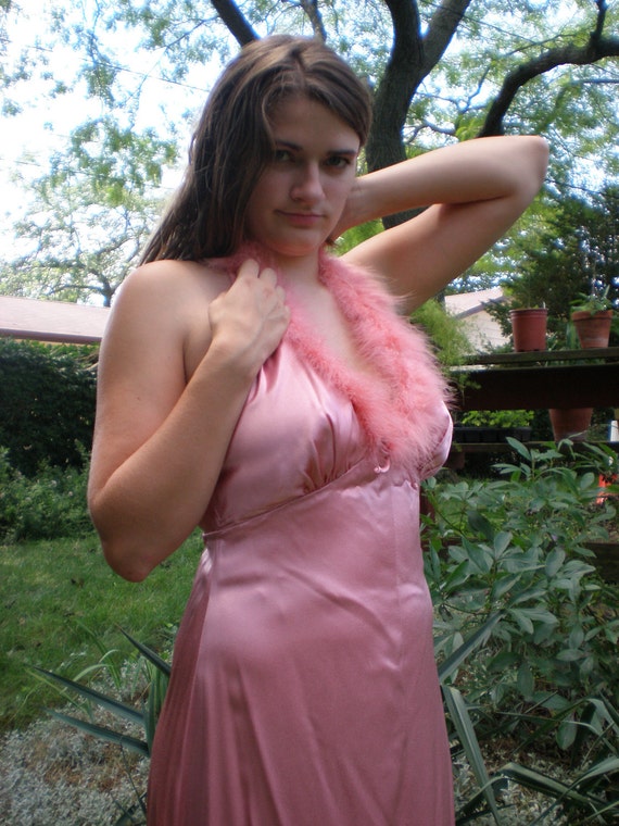 Vintage Rose Pink Satin Backless Halter Gown with
