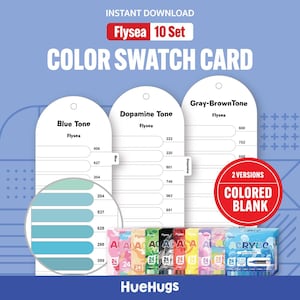 Puede incluir: Juego de tarjetas de muestras de color con el texto "Flysea 10 Set" y "Color Swatch Card". La tarjeta presenta muestras de color en tonos azul, dopamina y gris-marrón. Incluye una insignia "2 Versions Colored Blank" y tubos de pintura acrílica.