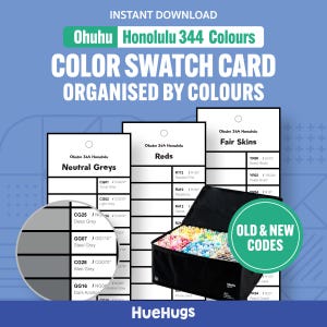 Może przedstawiać: Cyfrowe pobieranie kart wzorników kolorów Ohuhu Honolulu 344 kolory, uporządkowanych według kolorów. Obraz zawiera karty kolorów dla neutralnych szarości, czerwieni i odcieni skóry, a także czarną torbę z markerami. Tekst brzmi "Old & New Codes."
