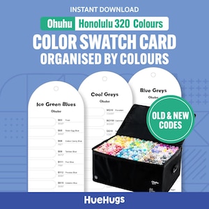 Peut inclure: Une trousse noire remplie de marqueurs Ohuhu Honolulu 320 Couleurs, avec des nuanciers de couleurs organisés par couleurs. Les cartes sont étiquetées "Ice Green Blues", "Cool Greys" et "Blue Greys". L'image comprend également le texte "OLD & NEW CODES."
