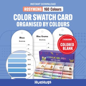Puede incluir: Un conjunto de tarjetas de muestra de color digitales con 160 colores organizados por tono, incluyendo tarjetas blancas arqueadas con etiquetas como Blues y Blue Greens. Una caja de bolígrafos de gel acrílico se muestra junto a una insignia roja 2 Versions Colored Blank.