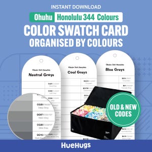 Pode incluir: Um cartão de amostra de cores organizado por cores, com 344 cores Ohuhu Honolulu. O cartão inclui seções para cinzas neutros, cinzas frios e cinzas azuis, com um close-up de amostras de cores e um estojo preto de marcadores. O texto diz "OLD & NEW CODES".