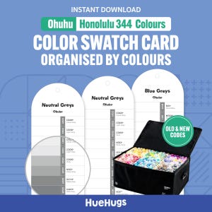 May include: A color swatch card for Ohuhu Honolulu 344 Colors, organized by color. The image shows a black carrying case filled with markers, color swatches, and the text "Old & New Codes". The card includes "Neutral Greys" and "Blue Greys".