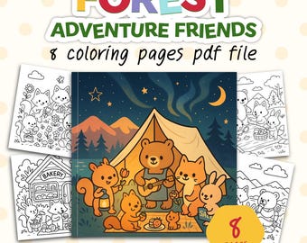 Puede incluir: Una descarga digital de un libro para colorear titulado "FOREST ADVENTURE FRIENDS". La portada presenta animales de dibujos animados acampando. La imagen incluye el texto "8 páginas para colorear archivo pdf" y el logotipo "HueHugs".