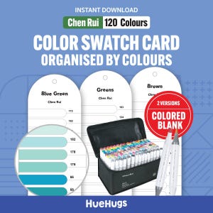 May include: A digital color swatch card set for Chen Rui markers featuring 120 colors organized by hue. The image displays white arched cards with numbered slots, a black carrying case filled with markers, and two markers with red and yellow caps.