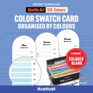 May include: A color swatch card organized by colors, with the text "Shuttle Art 310 Colours." The card includes color samples for blue, green, and brown. A case of 310 art markers is also shown. The image also includes the text "2 Versions Colored Blank."