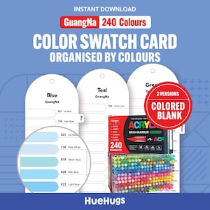 Puede incluir: Una tarjeta de muestra de color organizada por colores, con el texto "GuangNa 240 Colores". La tarjeta incluye muestras de color etiquetadas como "Azul", "Teal" y "Verde", con un primer plano de tonos azules. También se muestra una caja de 240 rotuladores de pincel acrílico.