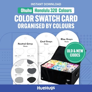 Peut inclure: Une carte d'échantillons de couleurs pour Ohuhu Honolulu 320 couleurs, organisée par couleurs. L'image montre un étui de transport noir rempli de marqueurs et des cartes d'échantillons de couleurs pour les gris neutres, les gris froids et les gris bleus. Le texte "OLD & NEW CODES" est visible.