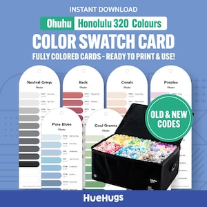 May include: A color swatch card for Ohuhu Honolulu 320 Colors. The card features color samples in various categories, including neutral greys, reds, corals, and purples. A black carrying case filled with markers is also visible. The text "OLD & NEW CODES" is displayed.