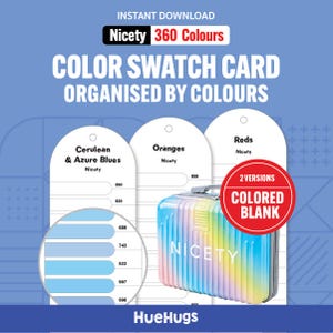 以下が含まれることがあります： Nicety 360 Coloursと題されたデジタルカラー見本カードセット。Cerulean & Azure Blues、Oranges、Redsとラベル付けされた白いアーチ型のカードが特徴。虹色のグラデーションのスーツケースのグラフィックと2 VERSIONS COLORED BLANKというテキストが含まれています。
