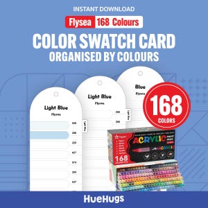 Puede incluir: Una tarjeta de muestra de color con el texto "Flysea 168 Colores" y "Color Swatch Card Organised by Colours". La imagen muestra muestras de color y una caja de rotuladores de pintura acrílica con 168 colores. Las muestras de color están organizadas por color.