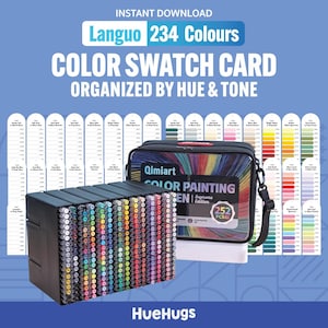 以下が含まれることがあります： 「Qimiart COLOR PAINTING PEN」の文字が入った黒いキャリングケースと252色のペンセットを含む、画材の画像。画像には、カラースウォッチカードと「Languo 234 Colours」の文字も含まれています。