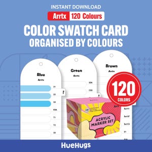 May include: A digital graphic advertising an acrylic marker set with 120 colours. The image shows colour swatch cards organised by colour, a box of markers, and the text "Arrtx 120 Colours". The colour palette includes blue, green, and brown.