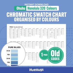 May include: A digital download of a chromatic swatch chart organized by colors. The chart includes the text "Ohuhu Honolulu 320 Colours" and "Chromatic Swatch Chart Organised by Colours". A color palette of pure blues is shown with the codes B120, PB1, B140, and PB2.