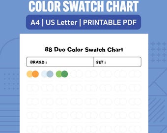 May include: A printable PDF color swatch chart titled 88 Duo Color Swatch Chart with fields for brand and set. The document features a grid of empty circular outlines for color samples, with three pairs of yellow, blue, and green circles filled in.