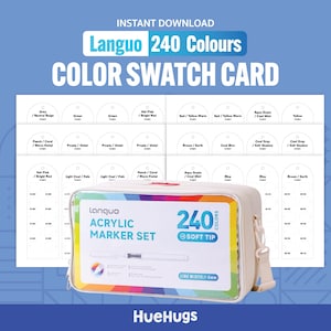 以下が含まれることがあります： 「Languo 240 Colours」と「Color Swatch Card」の文字が入ったカラー見本カード。画像には、240本のアクリルマーカーが入った、前面が透明なベージュ色のキャリングケースが写っています。ケースには虹色のジッパーと「Acrylic Marker Set」の文字が入っています。