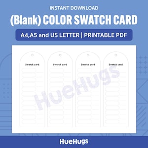Pode incluir: Um cartão de amostra de cores imprimível branco com o texto "(Blank) COLOR SWATCH CARD" e "A4, A5 and US LETTER | PRINTABLE PDF". O cartão tem quatro colunas de cartões de amostra com o texto "Swatch card".