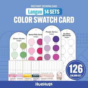 以下が含まれることがあります： 「Languo 14 SETS COLOR SWATCH CARD」のテキストが入ったカラー見本カードセット。緑、ピンク、紫、赤の色見本と、126色のカラーマーカーが含まれています。「HueHugs」の文字が下部にあります。