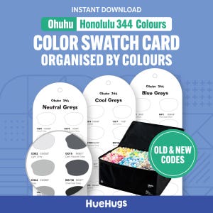 May include: A colour swatch card for Ohuhu Honolulu 344 markers, organised by colour. The card features a variety of grey tones, with a close-up of the colour swatches. The image also includes a black carrying case filled with markers and the text "OLD & NEW CODES".