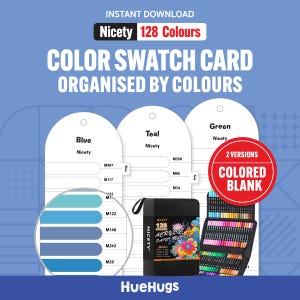 Può includere: Una scheda di campioni di colore organizzata per colori, con 128 colori. La scheda include campioni di colore per blu, verde acqua e verde, con un primo piano delle tonalità di blu. Viene mostrata anche una custodia nera e un set di pennarelli.