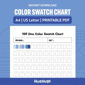 May include: A printable colour swatch chart with the text "COLOR SWATCH CHART" and "100 Duo Color Swatch Chart". The chart includes a section for brand and set information, and a grid of colour swatches. The chart is available in A4 and US Letter sizes.