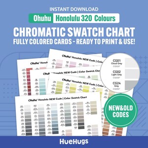 May include: A digital download of a chromatic swatch chart with 320 colours from Ohuhu Honolulu. The chart includes fully coloured cards ready to print and use, with new and old colour codes. The image also includes the text "HueHugs".