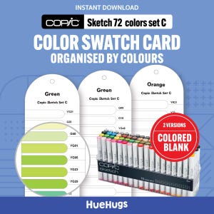 Puede incluir: Una tarjeta de muestra de color para el juego Copic Sketch 72 colores C, organizada por colores. La imagen incluye un juego de marcadores, muestras de color y el texto "2 VERSIONS COLORED BLANK". La imagen está etiquetada como "INSTANT DOWNLOAD".
