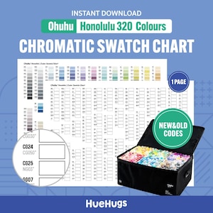 Może przedstawiać: Chromatyczna tabela kolorów dla Ohuhu Honolulu 320 Kolorów, z czarną torbą transportową wypełnioną kolorowymi markerami. Tabela zawiera kody kolorów i tekst "NEW&OLD CODES". Obraz zawiera również tekst "INSTANT DOWNLOAD" i "HueHugs".