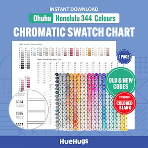 May include: A digital Ohuhu Honolulu 344 Colours Chromatic Swatch Chart featuring a grid of coloured circles, white blank boxes, and text including "1 PAGE", "OLD & NEW CODES", "2 VERSIONS", "COLORED BLANK", and "HueHugs" on a blue background.