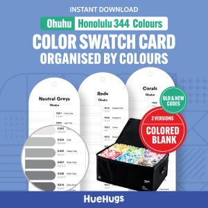 May include: A color swatch card organized by colors, featuring Ohuhu Honolulu 344 colors. The image includes color swatches for neutral greys, reds, and corals, along with a black carrying case filled with markers. The text "COLORED BLANK" is visible.