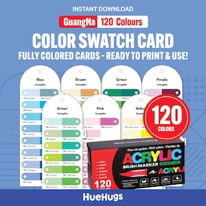 Può includere: Scheda colori GuangNa con 120 colori. La scheda presenta schede a colori pronte per la stampa e l'uso. Include una scatola di pennarelli a pennello acrilici con punta flessibile. La scheda mostra varie campionature di colori.