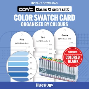 Pode incluir: Um cartão de amostra de cores para marcadores Copic Classic de 72 cores, organizado por cores. O cartão inclui amostras de cores azul, verde-azulado e verde, com uma paleta de cores e um conjunto de marcadores. O texto diz "Download instantâneo" e "Cartão de amostra de cores".