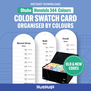 Op de afbeelding: Een kleurstalenkaart voor Ohuhu Honolulu markers, georganiseerd op kleur. De kaart toont 344 kleuren, waaronder neutrale grijstinten, roodtinten en koraaltinten. Een zwarte draagtas met markers staat in de afbeelding. Tekst bevat "Direct downloaden" en "Oude & nieuwe codes".